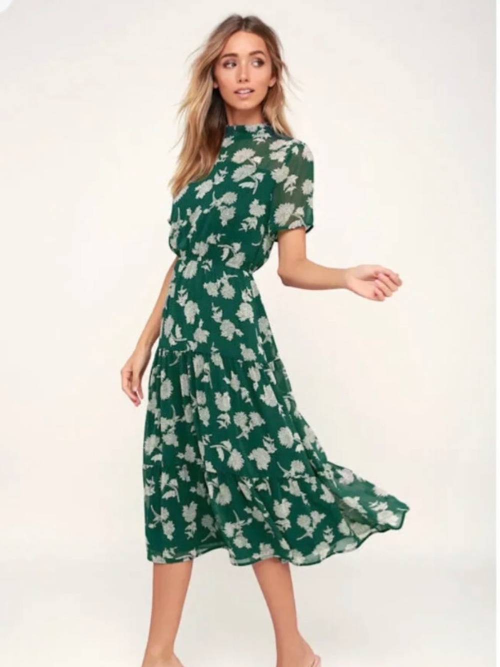 Lulu's Forest Green Floral Midi Dress with Cream Motif